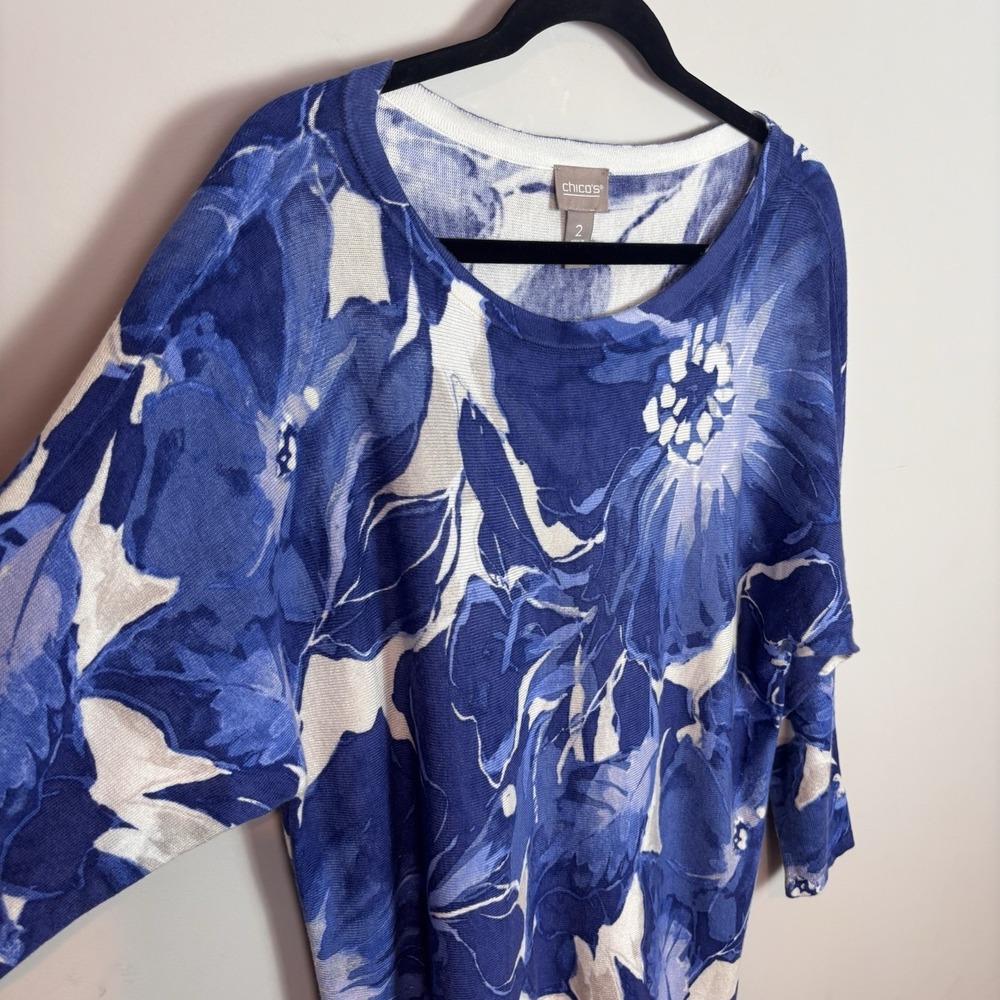 Chico's Womens Blue Floral 3/4 Sleeve Cashmere Blend Tunic Sweater sz 2/Large - Picture 2 of 10